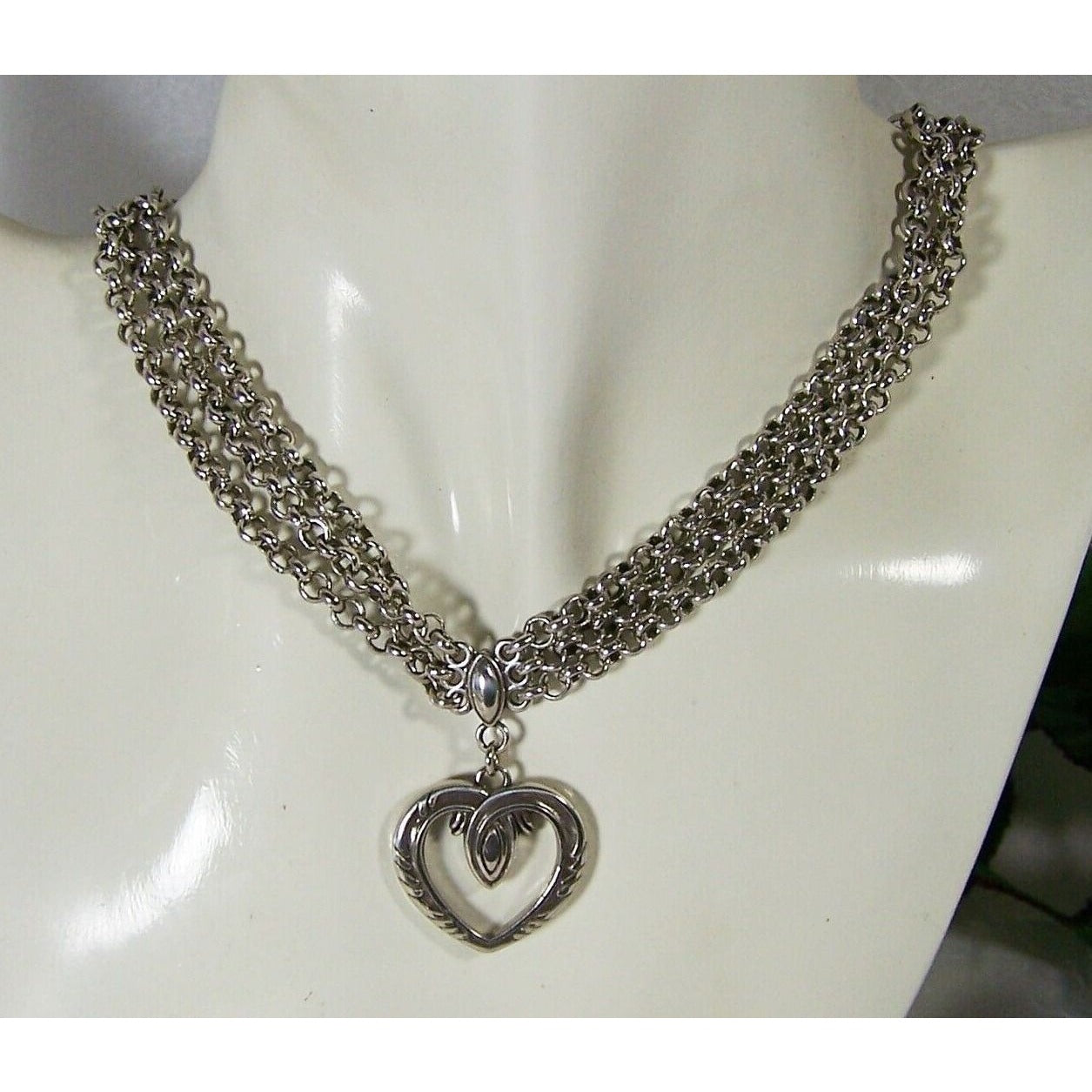 Brighton Silver Tone Heart Pendant Necklace Three Chains