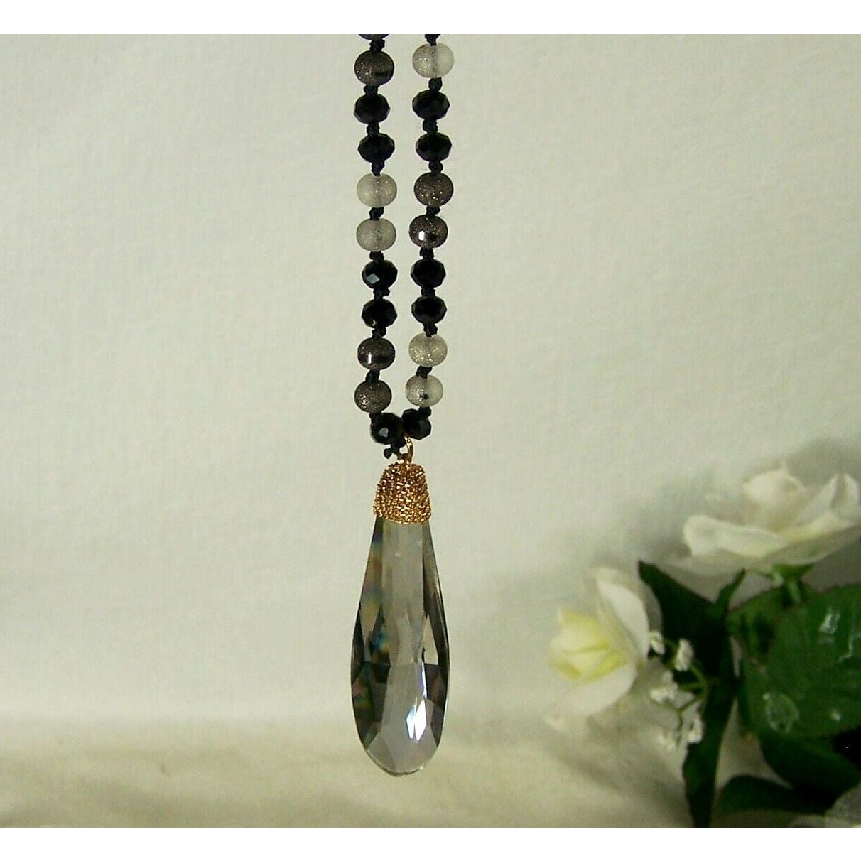 Faceted Frosted Gray Teardrop Glass Pendant Necklace